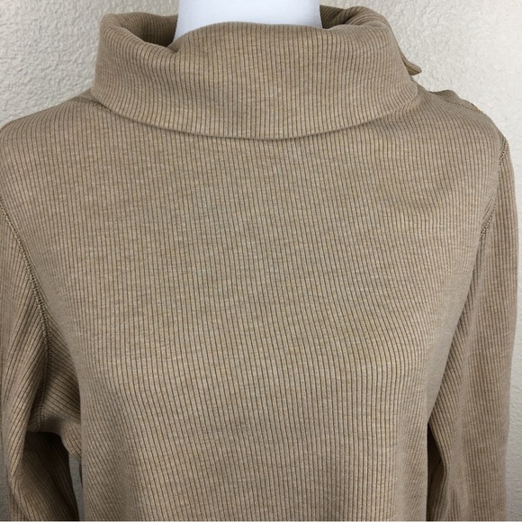Ann Taylor LOFT Tan Turtleneck Shoulder Button Ribbed Knit Long Sleeve Top XL - Picture 6 of 11